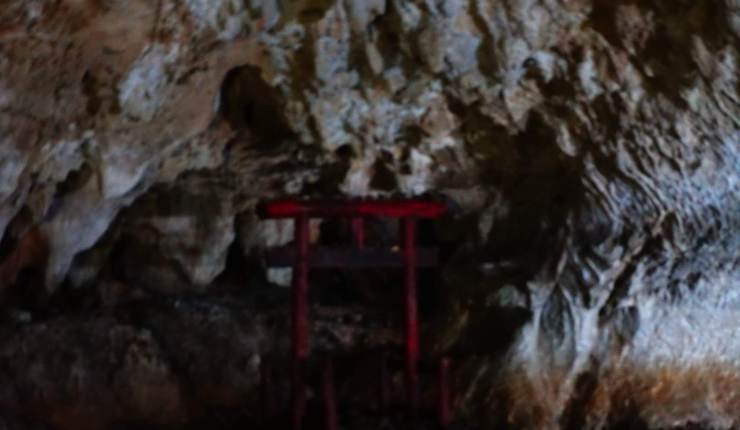 A very blurred picture of a red torii gate inside a cave.